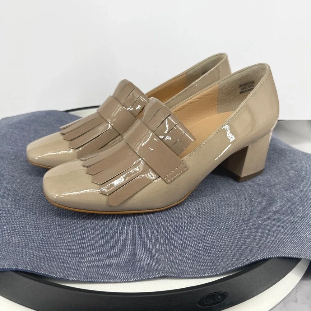 Paul Green Kiltie Loafer Fringe Pumps 8 Beige Patent Leather Square Toe